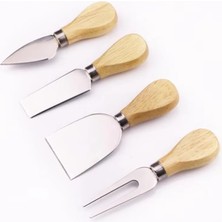 Skygo 4'lü Çelik Peynir Bıçak Seti Bambu Saplı Servis Sunumluk Peynir Seti