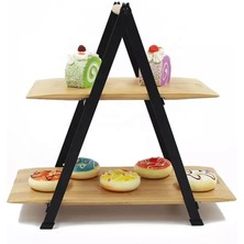 Skygo 2 Katlı Dikdörtgen Bambu Servis Sunum Seti Büyük Boy, Kuru Pasta, Kurabiye ve Kek Sunumları Için Büyük Boy (34CM-26.5CM-16CM)