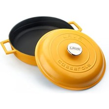 Skygo Metal Spring Serisi - Döküm Çok Amaçlı Tencere, Yuvarlak, 28 Cm, Mat, Parlak Siyah Taban, Sarı, Kubbe Kapak