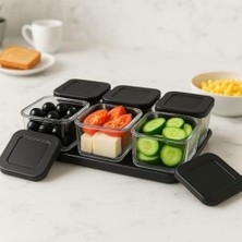 Skygo Kapaklı Kahvaltılık Saklama Kabı Seti, 6 Bölmeli, Tepsili, 13 Parça (Siyah)