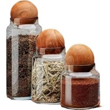 Skygo 3’lü Ahşap Kapaklı Cam Saklama Kavanoz Seti – Modern Küre Kapak Tasarımıyla Kuruyemiş, Kahve, Şeker ve Baharat Depolama