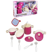 Brother Toys 11 Parça Metal Paslanmaz Pembe Emaye Çelik Oyuncak Tencere Tava Mutfak Tabak Kaşık Seti