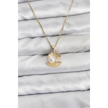 Clariss 316L Çelik Zincir Gold Renk Istiridye Inci Model Zirkon Taşlı Kadın Kolye