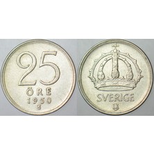 Banknoting Isveç 25 Öre 1950 Gümüş 2,3 Gr.