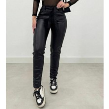 Melen Moda Kadın Yüksek Bel Kuşaklı Deri Pantolon