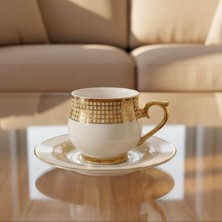 Skygo 6 Kişilik Lüks Yaldızlı Porselen Türk Kahvesi Fincan Takımı, Mozaik Desenli ve Altın Kulplu, 12 Parça Çeyizlik Klasik Sunum Seti