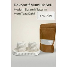 Zuri Design Bohem Dekoratif Beton Mumluk Seti - Beyaz File Dokulu Tasarım + 100 gr Mum Tozu Hediye