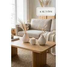 Zuri Design Bohem Damla Şekilli Beton Vazo Seti - Beyaz File Dokulu Modern Dekoratif Tasarım