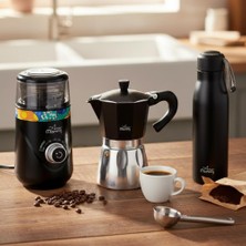 Any Morning Espresso Seti: 240 ml Moka Pot + 600 ml Çelik Termos + Elektrikli Ayarlanabilir Öğütücü