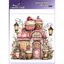 Lineart Rt 394  Pembe Ev, Cupcake Desenli Kumaş Transfer, Ahşap Transfer, Rub On Transfer 30*30 cm