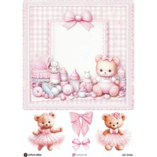 Atölye Smile 3466 Pembe, Çerçeve, Ayıcık Desenli 29*42 cm Pirinç Dekopaj