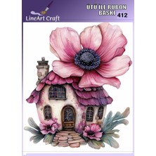 Lineart Rt 412  Pembe Çiçek Ev Desenli Kumaş Transfer, Ahşap Transfer, Rub On Transfer 30*30 cm