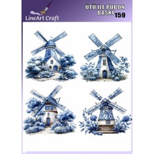 Lineart Rt 159  Mavi Beyaz Yel Değirmeni Desenli Kumaş Transfer, Ahşap Transfer, Rub On Transfer 30*30 cm