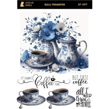 Atölye Smile ST1077 Mavi Beyaz, Çaydanlık, Fincan Desenli 25*35 cm Açık Zemin Sulu Transfer