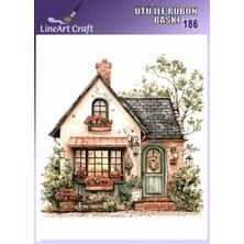 Lineart Rt 186  Çiçekli Ev Desenli Kumaş Transfer, Ahşap Transfer, Rub On Transfer 30*30 cm