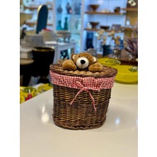 Sever Kahverengi Peluş Detay Oval Hasır Çamaşır/oyuncak Sepeti 31X24X27CM