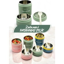 M&L Lunch Box Tedemeı Paslanmaz Çelik Yuvarlak 2 Katlı Plastik Kaşıklı Yemek Taşıma Kabı - Mama Kabı 710ML