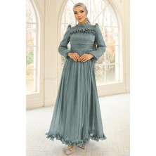 Olcay Fırfır ve Pilise Detaylı Yoryo Ipek Tesettür Abiye Elbise Su Yeşili 1250
