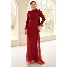 Olcay Volan Detaylı Dantel Tesettür Abiye Elbise Bordo 1251