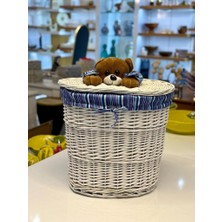 Sever Beyaz Peluş Detay Oval Hasır Çamaşır/oyuncak Sepeti 43X30X40CM