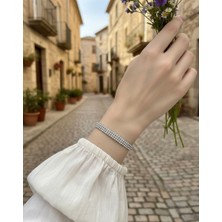 Huma Butik Takı Aksesuar Taşlı Kelepçe Model Çelik Bileklik (Gümüş Renk)