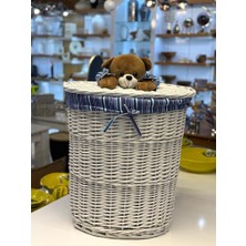 Sever Beyaz Peluş Detay Oval Hasır Çamaşır/oyuncak Sepeti 50X38X57CM