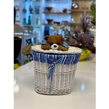 Sever Beyaz Peluş Detay Oval Hasır Çamaşır/oyuncak Sepeti 31X24X27CM