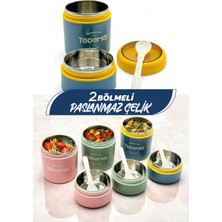 M&L Lunch Box Tedemeı Paslanmaz Çelik Yuvarlak 2 Katlı Plastik Kaşıklı Yemek Taşıma Kabı - Mama Kabı 710ML