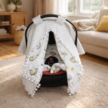 SerSev Gökkuşağı & Yıldızlar Desenli %100 Pamuk Çift Taraflı Müslin & Pike Ponponlu Puset Örtüsü ve Sırt Destekli Minder Seti