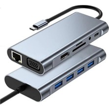 Golden Tech 11 In 1 Type-C To USB Hub Port Uyumlu Adaptör Hdmı 4x USB Lan VGA Sd Card Çevirici Çoklayıcı
