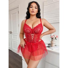 Ruselin Kadın Çapraz Ipli Dantelli Büyük Beden Tüllü Transparan Fantezi Gecelik 8008