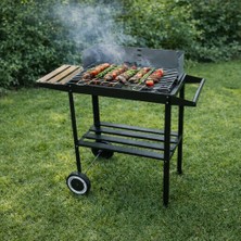 Padilon Pratik Kömürlü Mangal Rüzgar Korumalı Barbekü-Yan ve Orta Raflı Tekerlekli Mangal