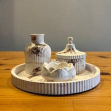 Atölye Sonart Ebru Desenli Taş Tozu Dekoratif Tepsili 4'lü Mumluk Set