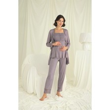 Moda Şahsenem Dantelli Önü Düğmeli Hamile Lohusa 3'lü Pijama Takımı