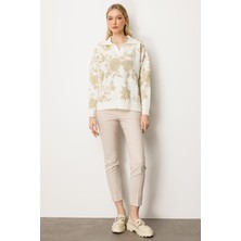 Mutlu Ertan Kadın Simli Gül Desenli Gömlek Yaka Triko Bluz Ekru - Gold 20230