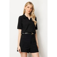 Mutlu Ertan Kadın Polo Yaka Kısa Kol Triko Bluz Siyah 20247