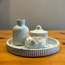 Atölye Sonart Ebru Desenli Taş Tozu Dekoratif Tepsili 4'lü Mumluk Set