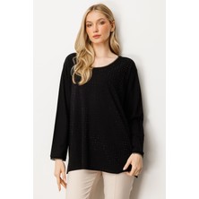 Mutlu Ertan Kadın Kare Taşlı Bluz Siyah 30431