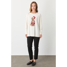 Mutlu Ertan Kadın Köpek Desenli Triko Bluz Ekru 20292