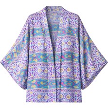 Retrobird Tasarım Boho Desen Mini Kimono Kadın Eflatun