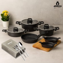 Amboss Bead 27 Parça Döküm, Granit Tencere ve Paslanmaz Çelik Çatal Bıçak Kaşık Takımı