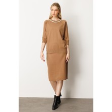 Mutlu Ertan Kadın Düğme Detaylı Triko Etek Camel 20232