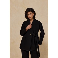 Merve Gültekin Tek Düğmeli Bağlamalı Astarlı Ceket Siyah