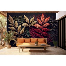 Kırmızı Bej Yaprak Desenli 3D Duvar Kağıdı