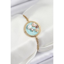 Vice Avm 316L Çelik Zincir Turkuaz Mineli Sanatsal Portre İnci Detaylı Çiçek Model Gold Renk Kadın Bileklik - TJ-BB7227 TG-V 9469