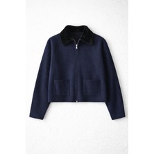 Merve Gültekin Yakası Kürklü Triko Hırka Lacivert