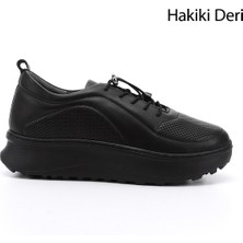 GÖNDERİ Kadın Siyah  Lastik Bağcıklı Comfort Dolgu Taban Hakiki Deri Sneaker