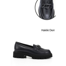 GÖNDERİ Kadın Lacivert  Kalın Topuklu Tokalı Hakiki Deri Loafer Ayakkabı