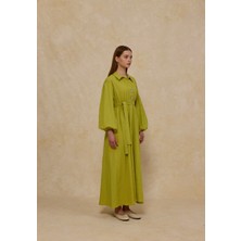 Merve Gültekin Bloom Bel Lastikli Büyük Düğmeli Elbise Yağ Yeşili