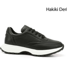 Kadın Siyah Dolgu Taban Lastik Bağcıklı Hakiki Deri Sneaker
